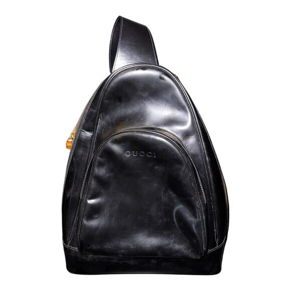 Vintage Gucci Bamboo Black Patent Leather One Shoulder Backpack Sling Bag - Picture 1 of 11